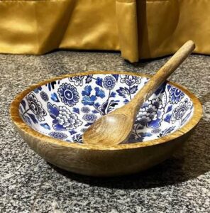Wooden Salad Bowl-Blue Flower
