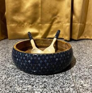 Wooden Salad Bowl with Spoon & Fork-Navy Blue