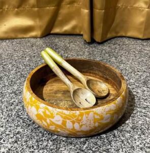 Wooden Salad Bowl with Spoon & Fork-Yellow